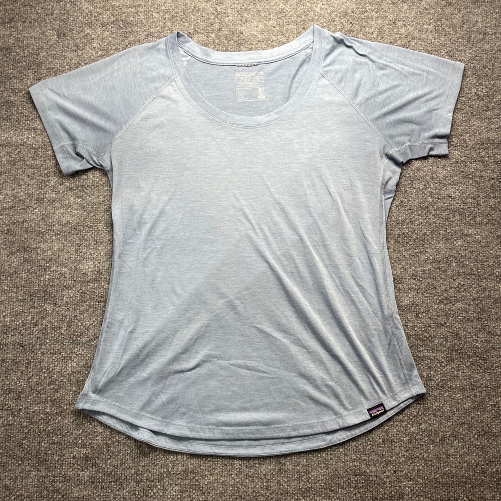Patagonia Capilene Cool Trail Shirt Womens Medium Blue Heathered Short Sleeve